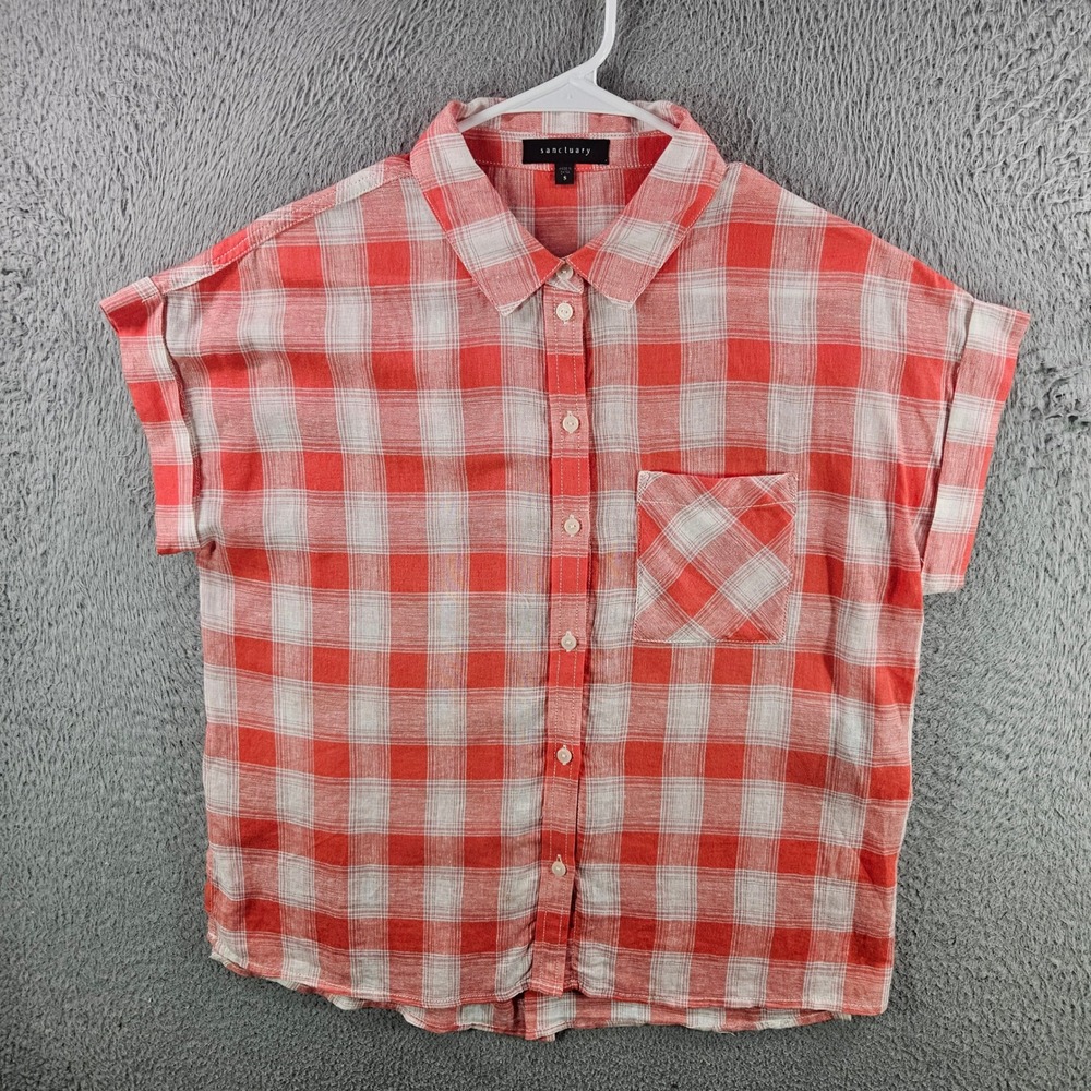 Sanctuary Red White Plaid Linen Blend Button Down Shirt Womens Small